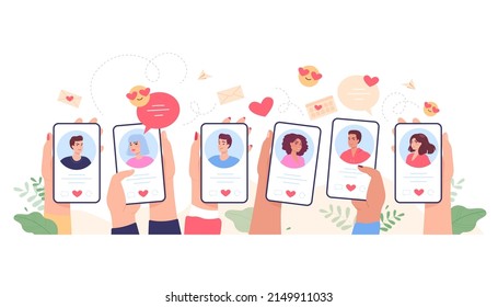 Hands holding phones with date app on screen. Young men and women profiles in social network flat vector illustration. People texting online. Romance, love, virtual relationship, technology concept