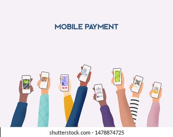 Hands holding phones with differed type of payment. Flat design vector illustration concepts of online payment methods. Internet banking, online purchasing and transaction, electronic funds transfers.