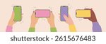 Hands holding phones with empty screens. Set of vector illustration of people with smartphones in flat style. Leisure activities, communication concept. Design elements for web banner or sites.
