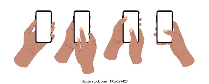 Hands holding phones with empty screens mock up. Social media interaction. Vector flat cartoon illustration for web sites and banners design