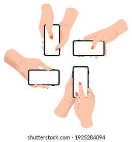 Hände, die Telefone mit leeren Bildschirmen halten, verspotten sich. Interaktion sozialer Medien. Vektorgrafik-Flachbild-Illustration für Webseiten und Banner-Design