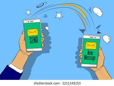 Hands holding phones with letter, send and new message button on the screen. Vector illustrated retro comic book cartoon for advertisement, web sites, banners, infographics design.