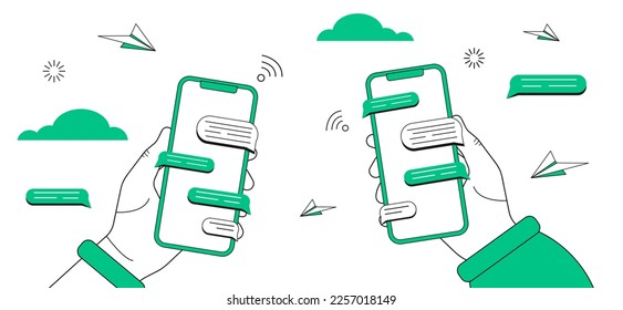 Hands holding phones with messages. Social networking communication, touch screen smartphone app with online chat bubbles. Vector illustration