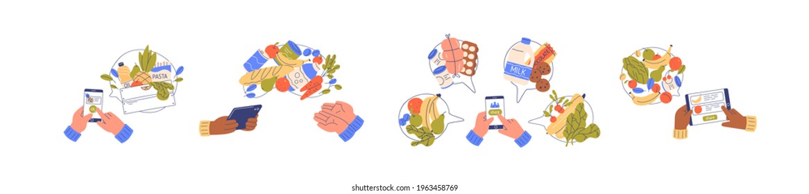 Hands Holding Phones With Mobile Social App For Food Sharing And Donation. Online Charity Application For Grocery Donating. Colored Flat Graphic Vector Illustration Isolated On White Background