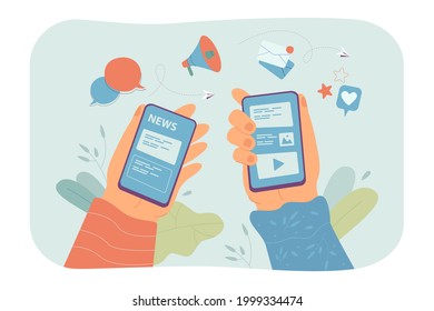 Hands holding phones with news or blogs on internet. Social media icons, online newspaper flat vector illustration. Communication, journalism concept for banner, website design or landing web page