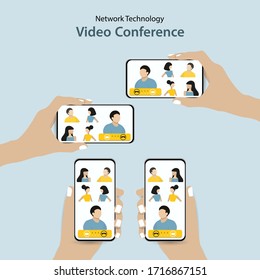 Hands holding phones showing faces. Collective mobile team group call video conferencing communication. Flat vector illustration