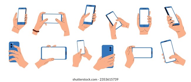 Hands holding phones. Smartphone mobile devices with touchscreen, cartoon palms with fingers using electronic gadgets with empty screens. Vector illustration. Back and front view of cellphone