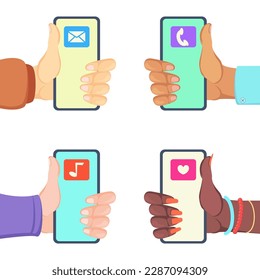 Hands holding phones with social media vector illustration. People recommending mobile apps for chatting, music and working isolated on white background. Modern technology, social network concept