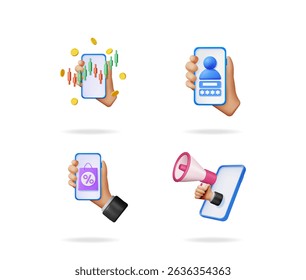 Hands holding phones with user login, megaphone, stock chart, and shopping bag displaying different digital interactions