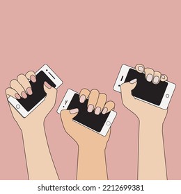 Hands holding phones vector flat illustration