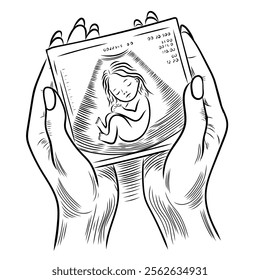 Hands holding a photo of a baby on an ultrasound in the womb. Ultrasound of a baby. Pregnancy. In the style of line art, line. Cartoon vector illustration