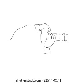 Hands holding photo camera and making pictures. One continuous line drawing. Professional photographer taking photo. Hand drawn vector illustration.