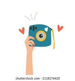 Hands Holding Photo Camera Photography Flat Design Vector Illustration	
