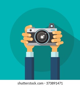 Hands Holding Photo Camera Photography Flat Design Vector Illustration