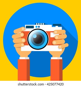 Hands Holding Photo Camera Photography Flat Vector Illustration