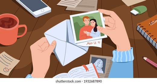 Hands are holding a photograph and an envelope. Sending or receiving handwritten support to a loved one who is far away. Flat illustration. 