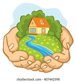 Hands holding a piece of land with a house.
