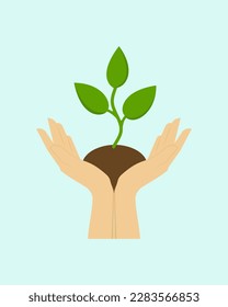 Hands holding a piece of soil from which grew a sprout with leaves. Flat style. 