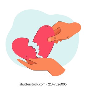 Hands holding pieces of broken heart. Hands fixing heart of person after breakup or divorce flat vector illustration. Love, separation, relationship concept for banner, website design or landing page