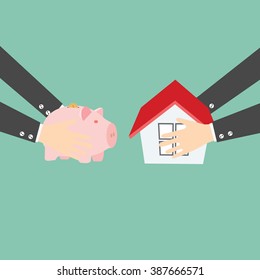 Hands holding a piggy bank and a house vector. Housing industry mortgage plan and residential tax saving strategy