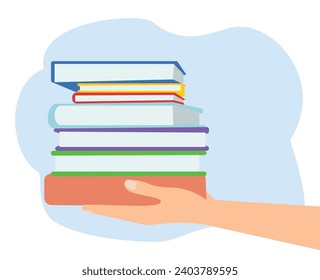 hands holding pile of books over light blue background or education library and science knowledge