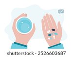 Hands holding pills. Character takes pills and drinks them with water. Treatment and fight against viruses, healthcare. Man or woman with medicines. Antibiotic or painkiller. flat vector illustration