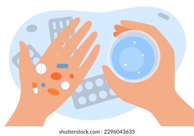 Manos sosteniendo pastillas. El personaje toma pastillas y las bebe con agua. Tratamiento y lucha contra los virus. Hombre o mujer con medicinas. Antibiótico o analgésico. Dibujo vectorial plano de dibujos animados