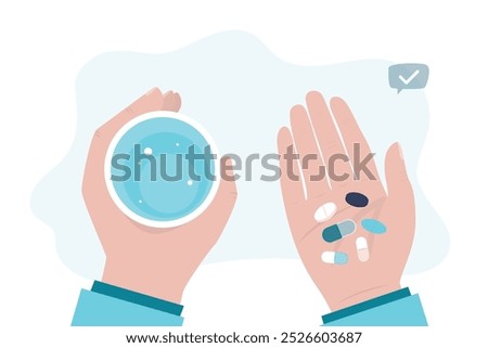 Hands holding pills. Character takes pills and drinks them with water. Treatment and fight against viruses, healthcare. Man or woman with medicines. Antibiotic or painkiller. flat vector illustration