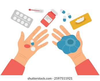 Hands holding pills and a cooling pack for fever, bruises. Vector illustration of a thermometer, napkins and an ice pack for medical care, treatment