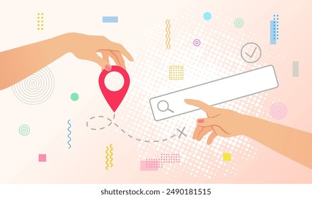 Hands holding pin location and search bar. Pop art with position element. Travel way and find trip or package tracking. Transport logistic vector illustration in retro memphis style