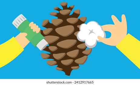 Hands holding pine cone and spray. Vector illustration in flat style