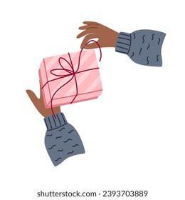 Hands holding a pink gift box. Vector illustration on a white background. Concept for gifts, Christmas, New Year, holidays, birthday.