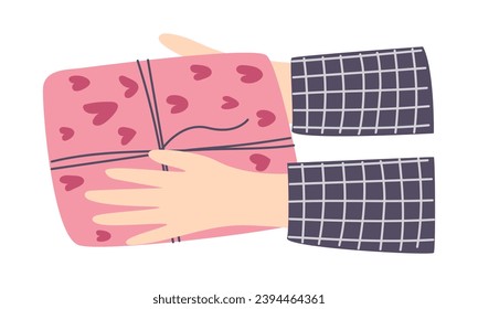 Hands holding a pink gift box. Vector illustration on a white background. Concept for gifts, Christmas, New Year, holidays, birthday.
