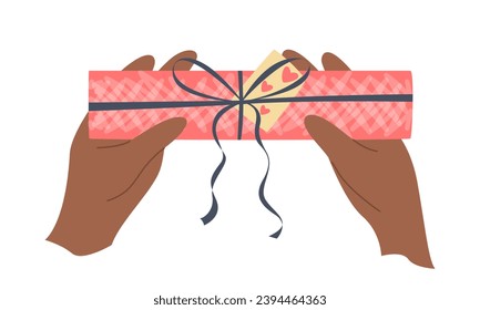 Hands holding a pink gift box. Vector illustration on a white background. Concept for gifts, Christmas, New Year, holidays, birthday.
