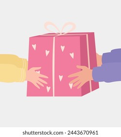 Hands holding pink gift box.