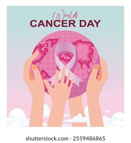 Hands holding a pink globe and a cancer ribbon. Symbolizes unity, support, and global awareness in the fight against cancer. World Cancer Day concept. Flat vector illustration.