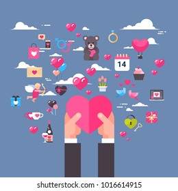 Hands Holding Pink Heart Shape Over Abstract Background With Valentines Day Concept Icons And Elements Vector Illustration