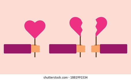 Hands holding pink hearts. Vector flat design.