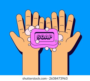 Hands holding a pink soap bar with bubbles on a bright blue background. Ideal for hygiene, health, or cleaning cartoon hand drawn illustration vector