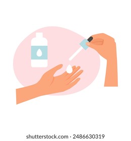 Hands holding pipette with serum to apply cosmetic product to skin vector illustration