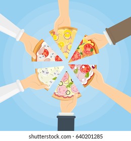 Hands holding pizza.