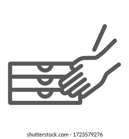 Hands holding pizza boxes line icon, pizza and service, pizza delivery sign, vector graphics, a linear icon on a white background, eps 10