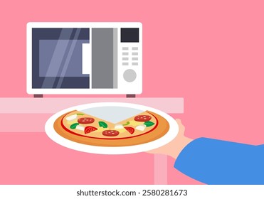 hands holding pizza on plate   microwave heating vector flat illustration