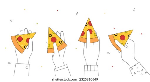 Hands holding pizza slices line concept. Characters with fast food in their hands. Unhealthy food. Traditional Ialian cuisine. Relax in cafe or restaurant. Linear flat vector illustration