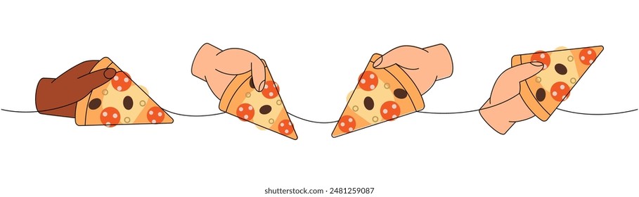 Hands holding a pizza slices one line colored continuous drawing. Traditional italian fast food continuous one line illustration.