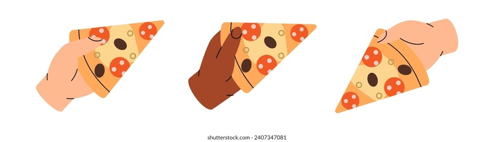 Hands holding a pizza slices. Traditional italian fast food. Italian cuisine, traditional food. Vector illustration.