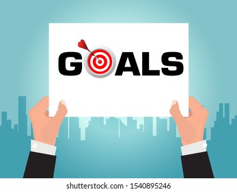 Hands holding placard with Goals sign. Flat style vector illustration.
