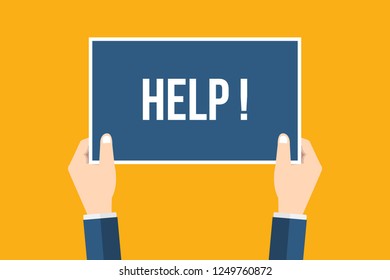 Hands holding placard with help sign. Social concept vector illustration.