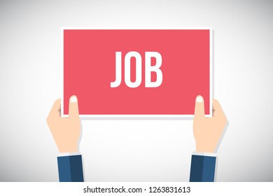 Hands holding placard with job sign. Flat style vector illustration.