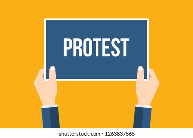 Hands holding placard with protest sign. Flat style vector illustration.